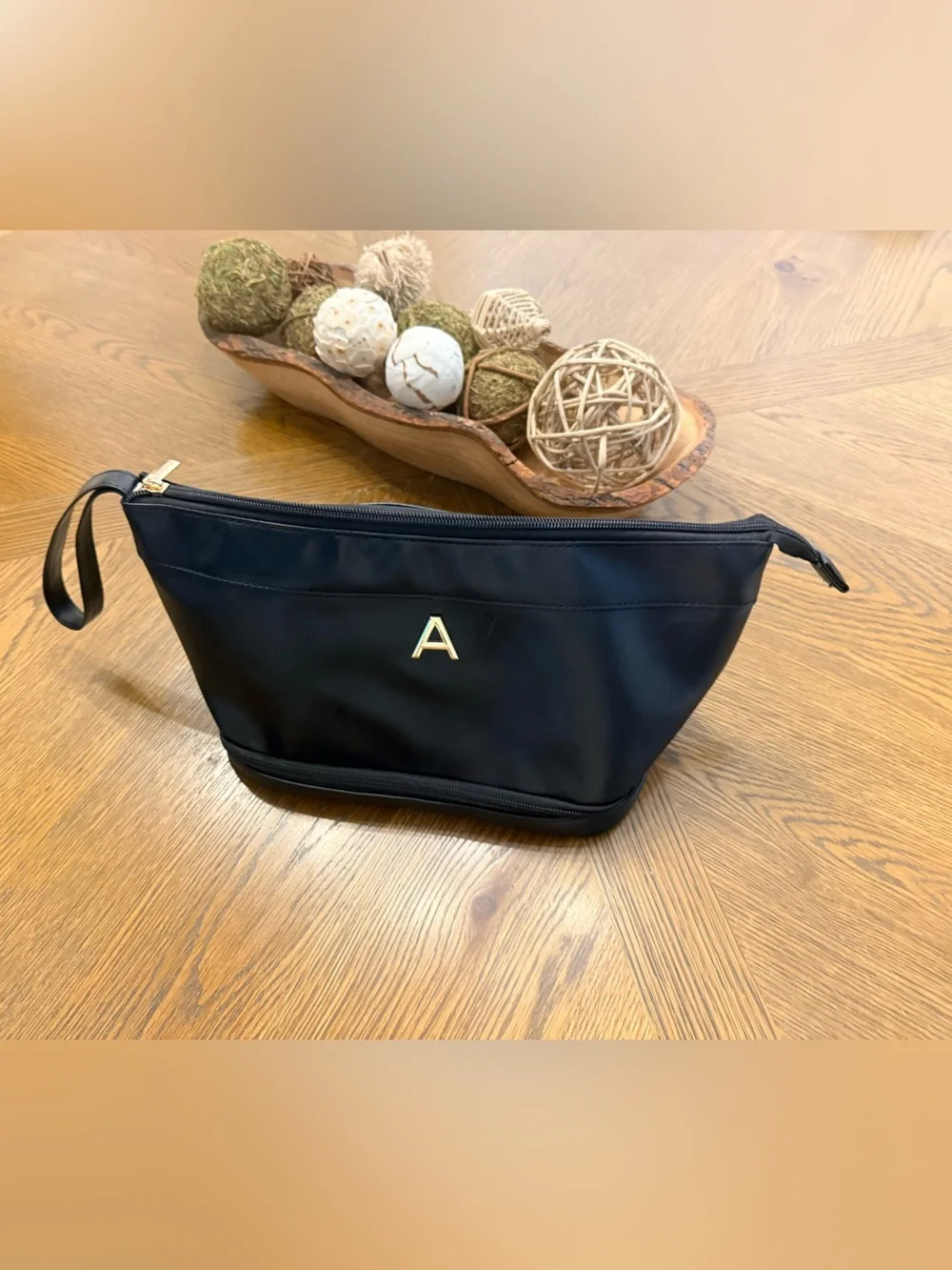 Black Nylon Travel Makeup Cosmetic Toiletry Bag Gold Initial A Wristlet 12.5”
